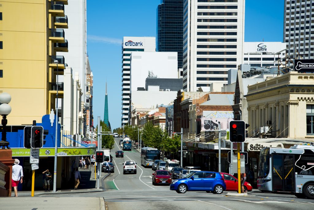 Commercial Buildings & city life on Barrack Street in Perth CBD
